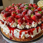 Close-up view of a rich cheesecake topped with vibrant red fruits.
