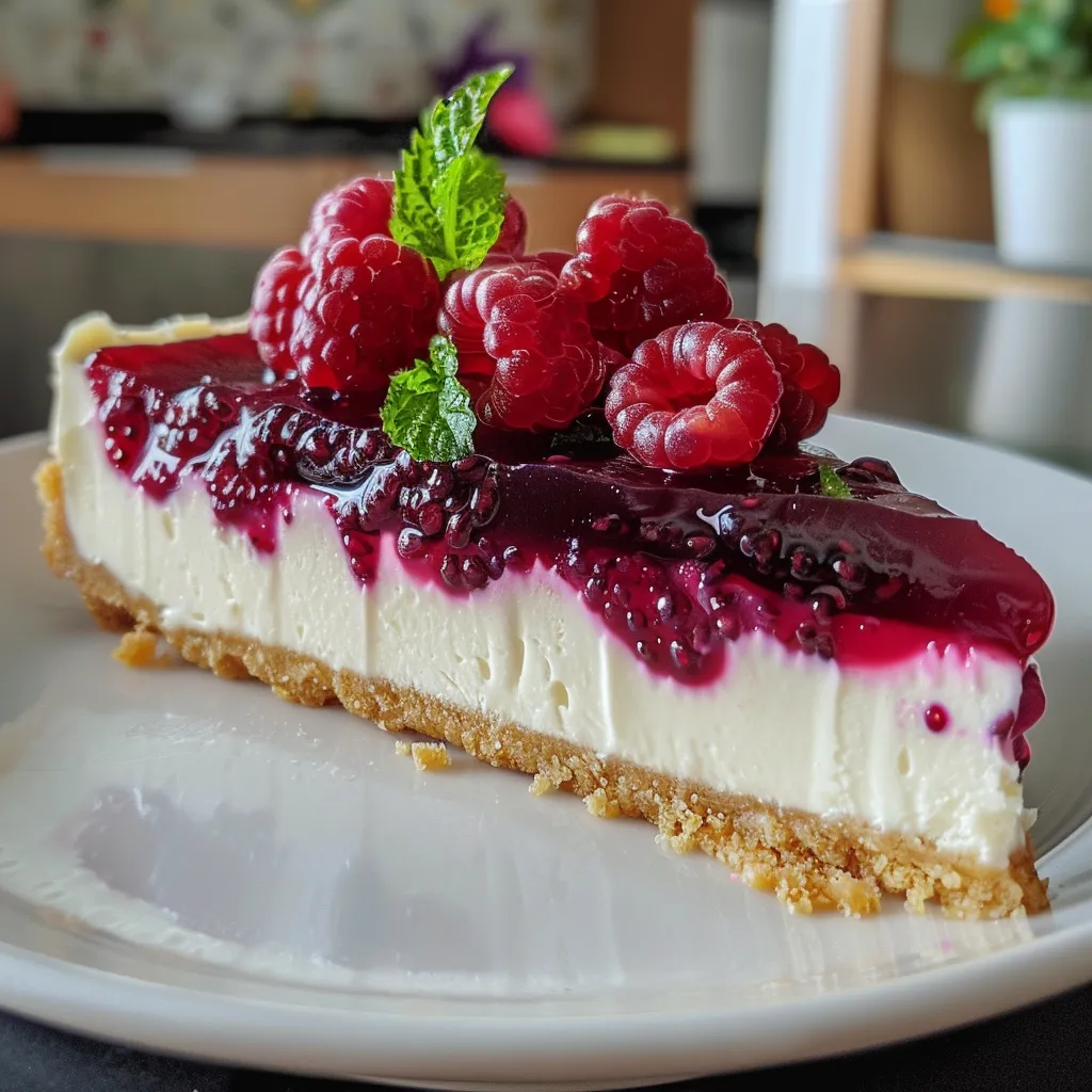 Side view of a delicious cheesecake, showcasing its creamy texture and fruit toppings.