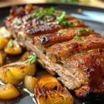 Costela de boi suculenta cozida com cebolas em panela de pressão.