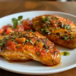 Close-up photo of juicy chicken thighs in tomato and basil sauce.
