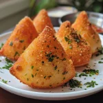 Close-up de uma Coxinha Fit deliciosa, destacando sua textura crocante e ingredientes saudáveis.