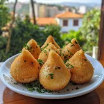 Close-up of a golden-brown Coxinha Integral Assada with a crispy crust.