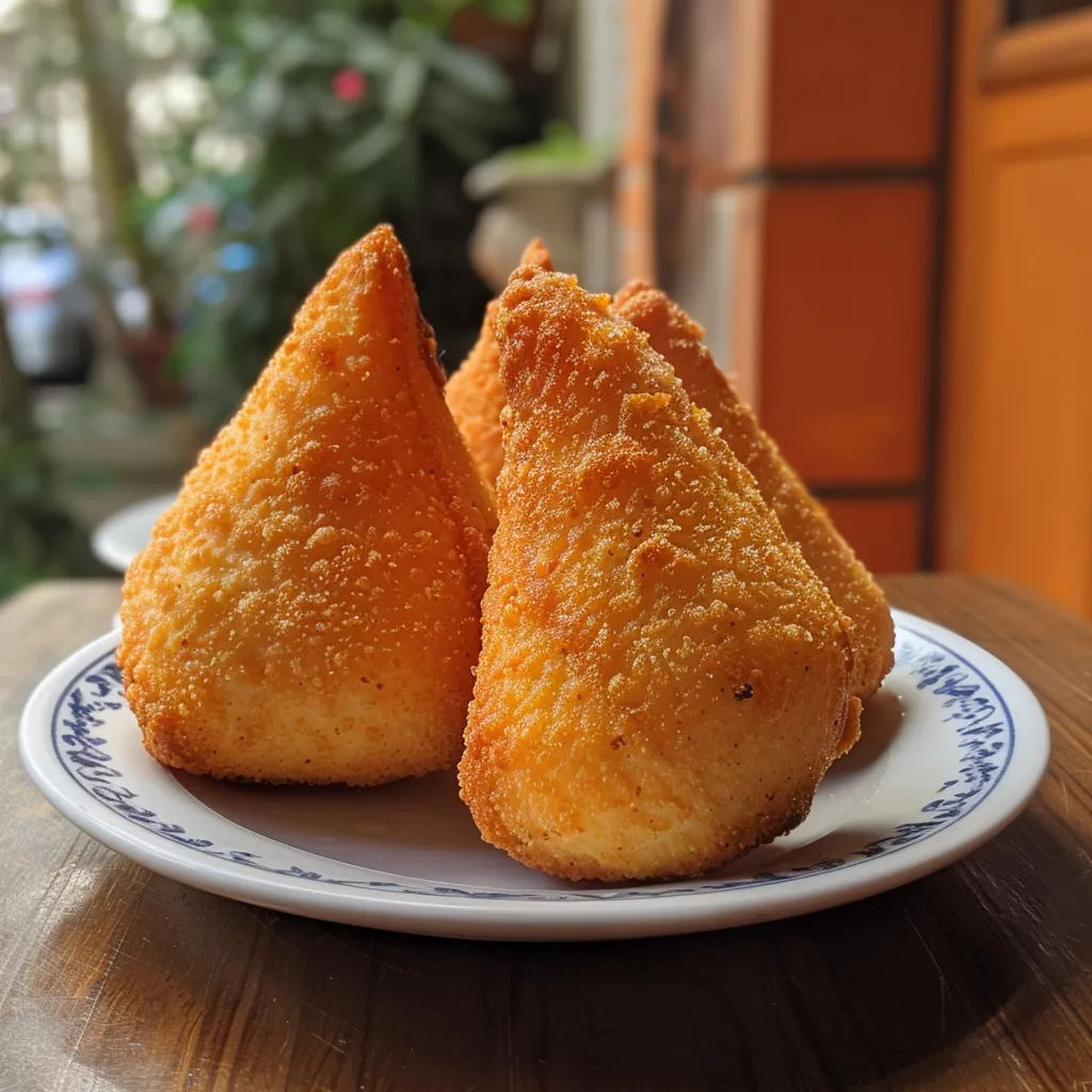 Side view of a juicy, fried Coxinha with a crispy exterior.