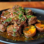 Close-up de um empadão de carne português, mostrando a crosta dourada e o recheio suculento.