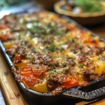 Empadão de carne suculento, visto de lado com ingredientes visíveis.