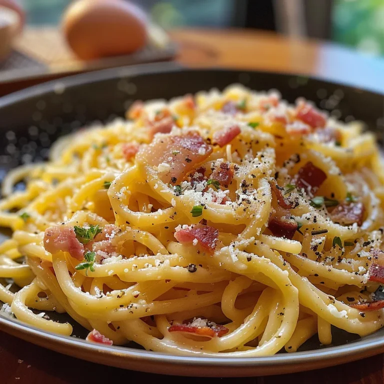 Prato de espaguete à carbonara com molho cremoso e pedaços de pancetta.