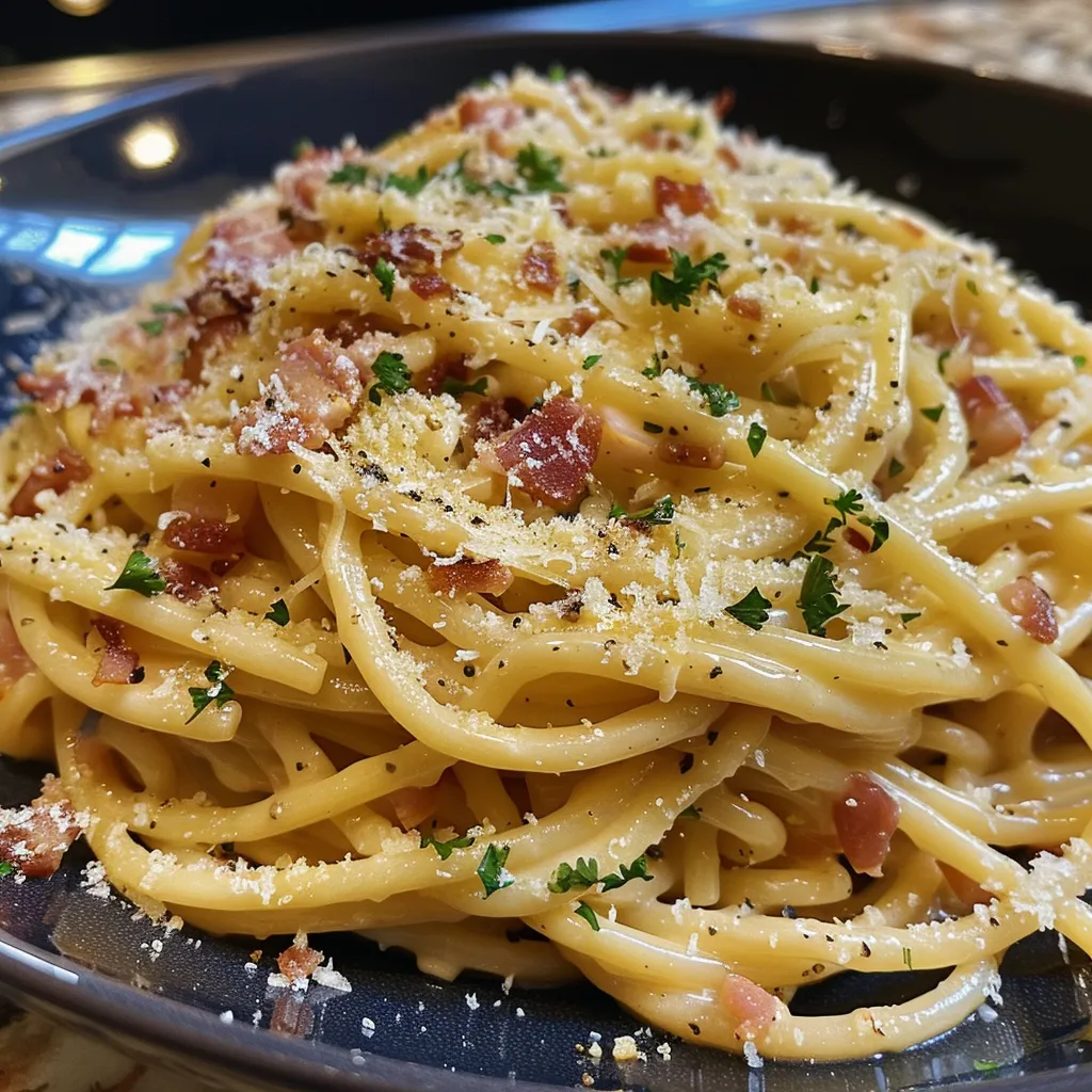Close-up de espaguete à carbonara servido em prato branco.