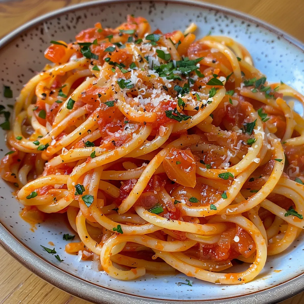 Espaguete ao sugo apresentado em prato raso, com tomates e ervas visíveis.
