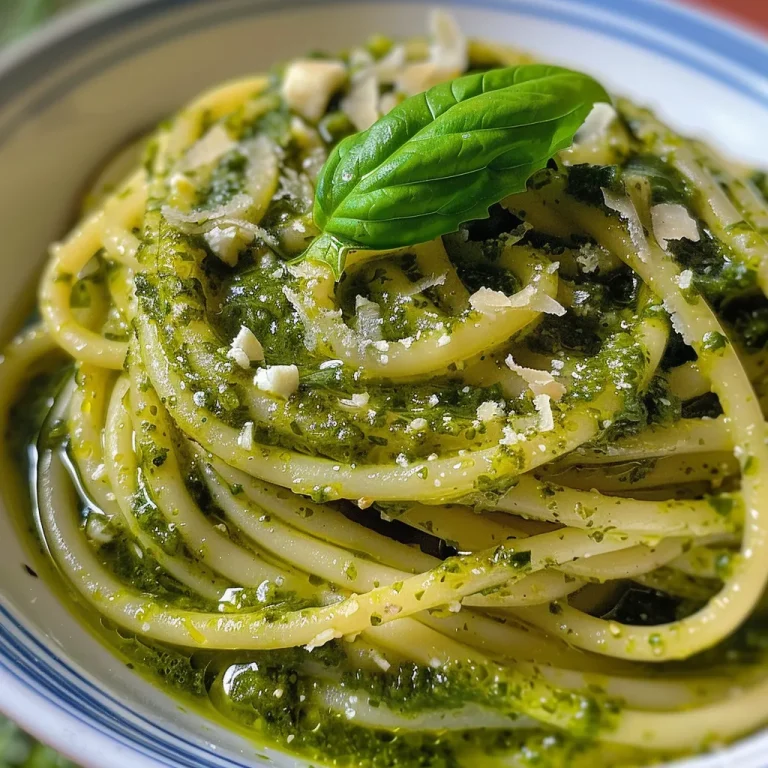 Close-up of a plate of spaghetti with vibrant green pesto sauce.