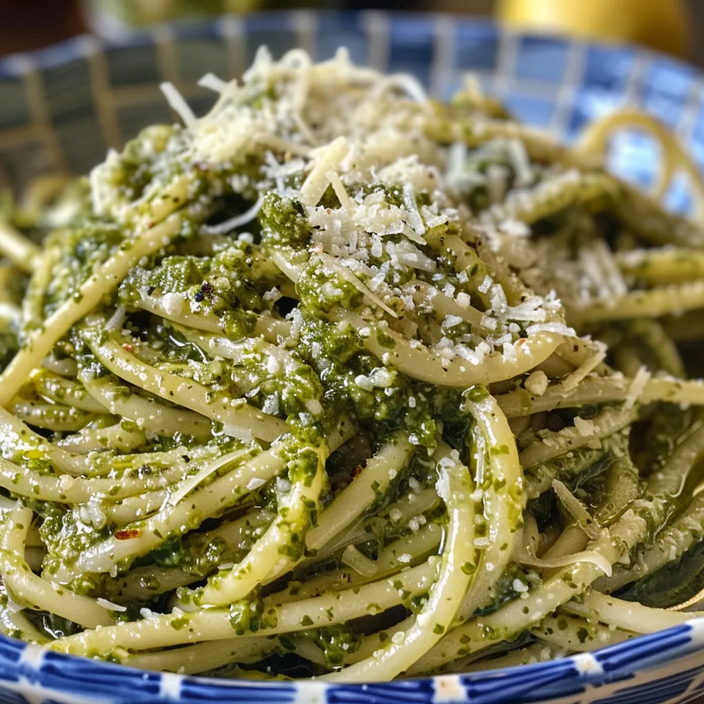 Side view of juicy spaghetti topped with fresh pesto and grated cheese.