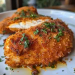 Close-up of crispy Filé de frango à milanesa with golden-brown breading.