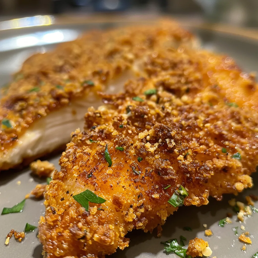 Side view of a juicy Filé de frango à milanesa, showcasing its crunchy texture.