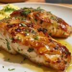 Close-up view of a juicy filé de frango ao molho with creamy cheese sauce and herbs.