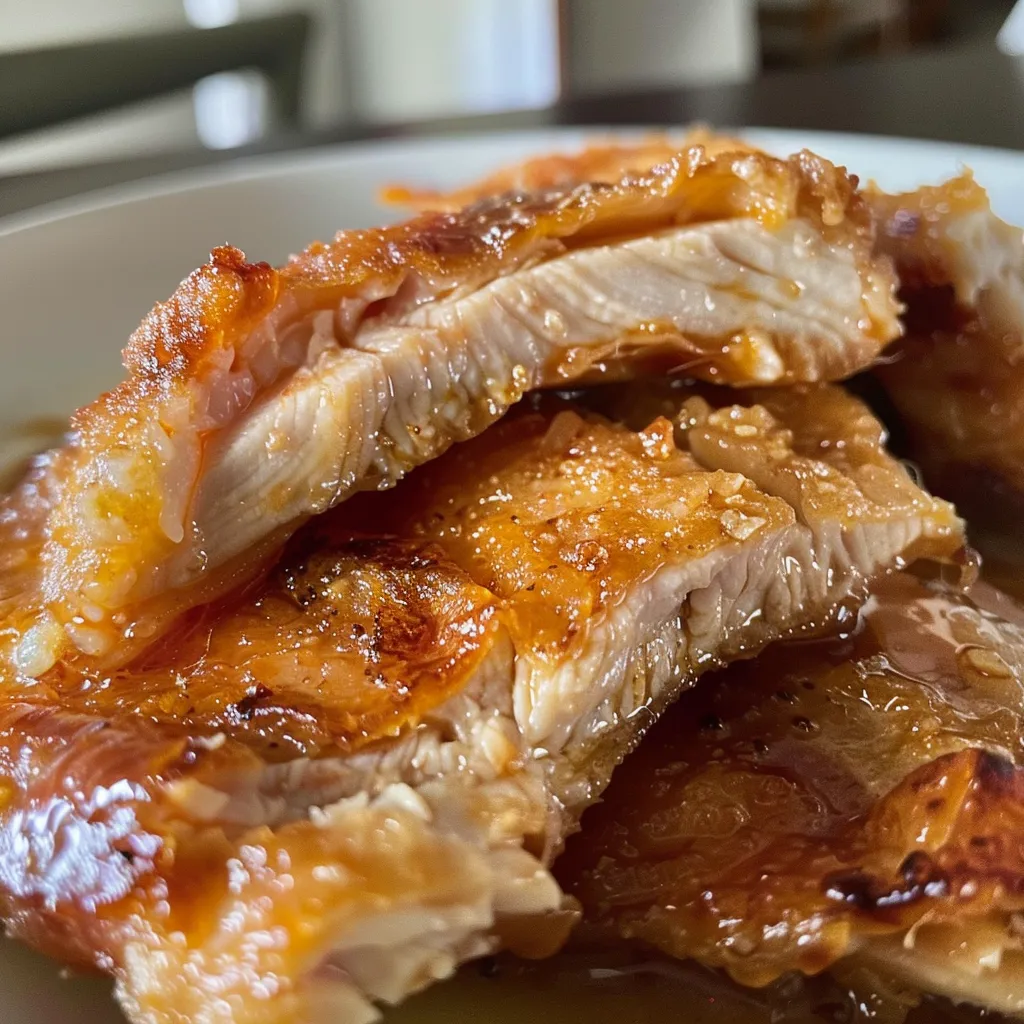 Side angle of a succulent chicken fillet topped with requeijão and spices on a plate.