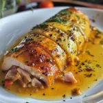 Filé de frango suculento coberto com molho de requeijão.