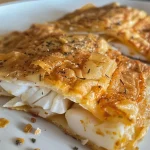 Close-up de um filé de peixe empanado crocante, visto de lado, na AirFryer.