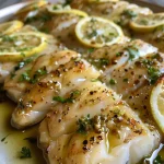 Close-up of a juicy grilled fish filet garnished with lemon slices.