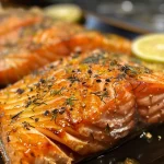 Close-up de um filé de salmão assado com ervas e limão.
