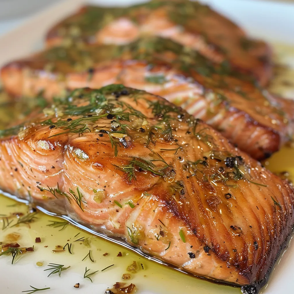 Prato de filé de salmão ao forno com decoração de fatias de limão.