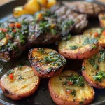 Filé de tilápia suculento ao lado de batatas assadas em formato de rodelas.