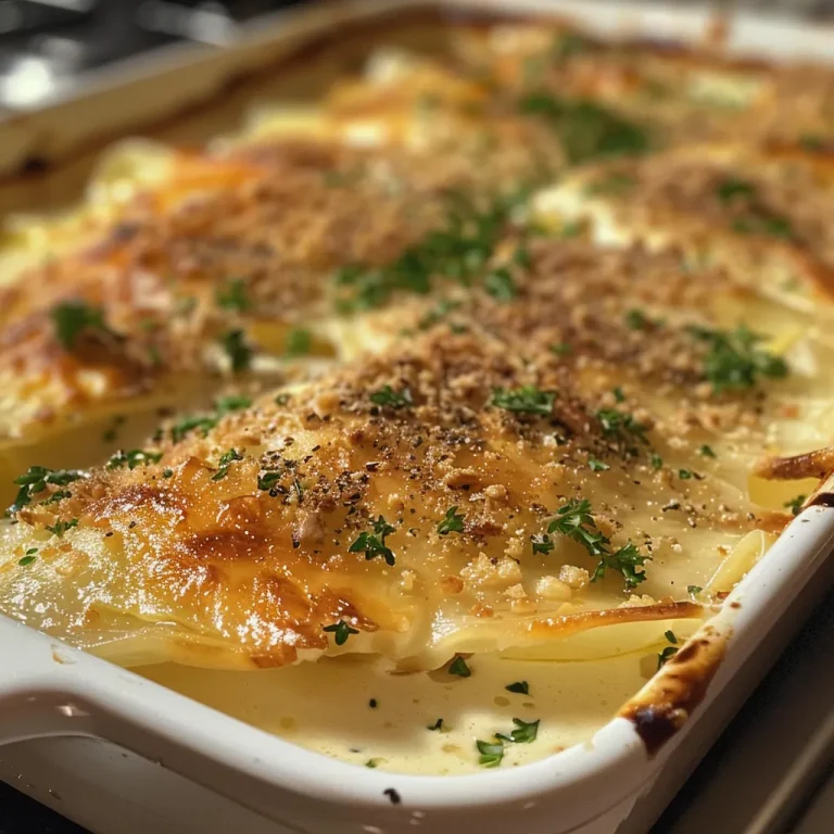 Close-up of a creamy baked tilapia fillet garnished with cheese.