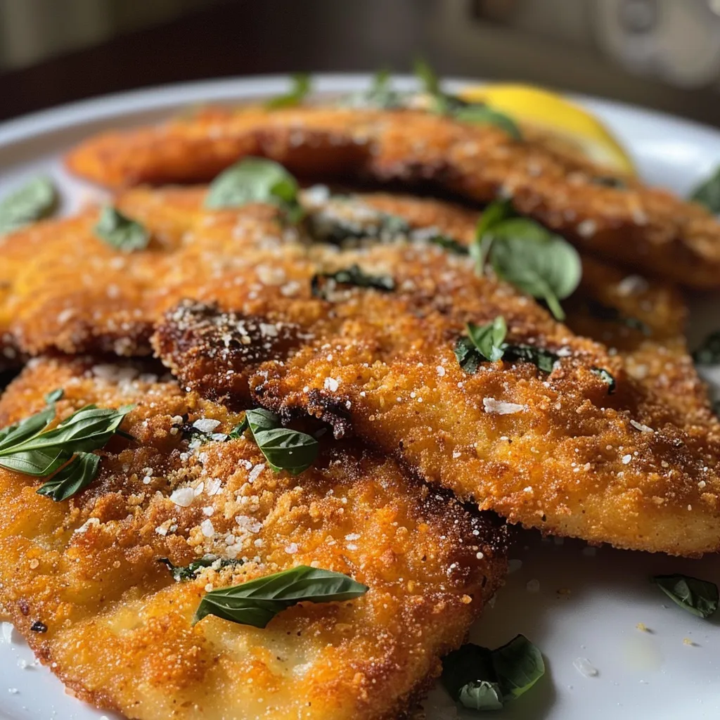Side view of a juicy Frango à Milanesa served with fresh arugula and lemon wedges.