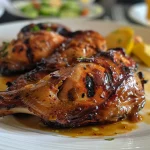 Close-up of shredded chicken in barbecue sauce with garnish.