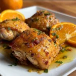 Close-up of juicy Frango Laranja cubes in a vibrant orange sauce.