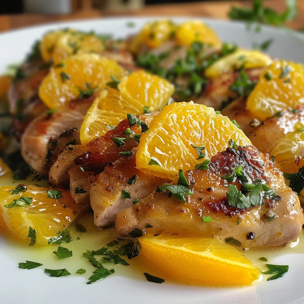 Tender chicken pieces coated in a glossy orange glaze, garnished with herbs.