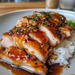 Peito de frango frito em uma camada de molho teriyaki, com gergelim e cebolinha.