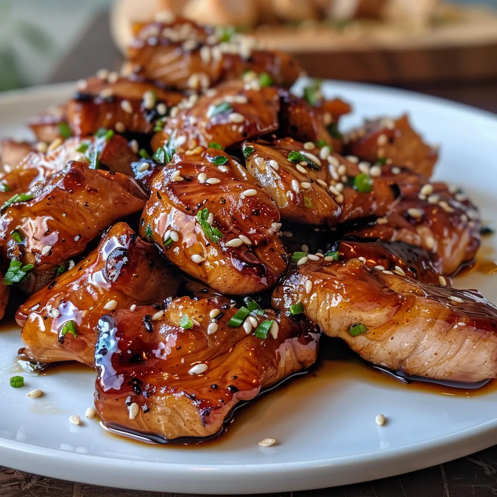 Frango teriyaki frito em cubos, coberto com sementes de gergelim e guarnições verdes.