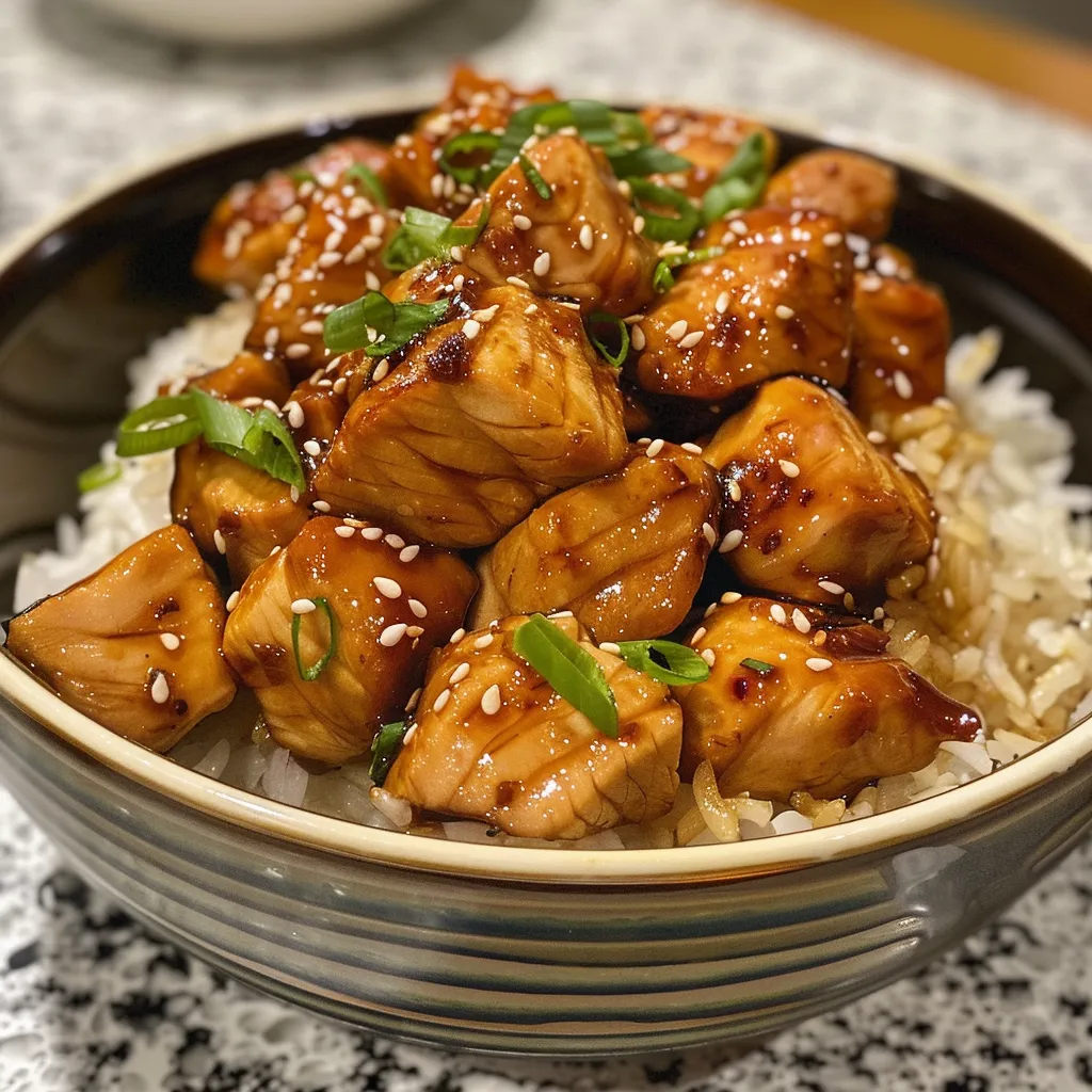 Close-up de Frango Teriyaki, mostrando o brilho do molho e as sementes de gergelim.