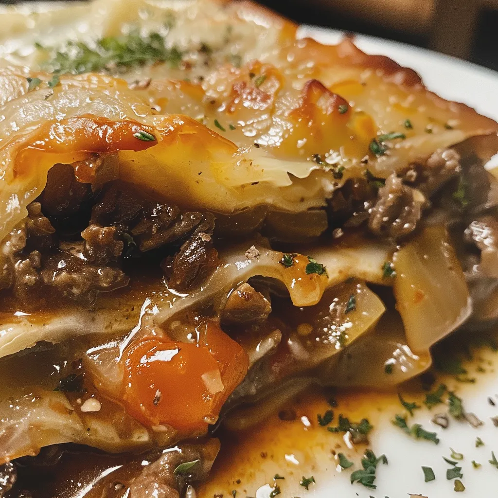 Close-up detalhado de uma lasanha de abobrinha, mostrando camadas de peito de frango desfiado e requeijão.