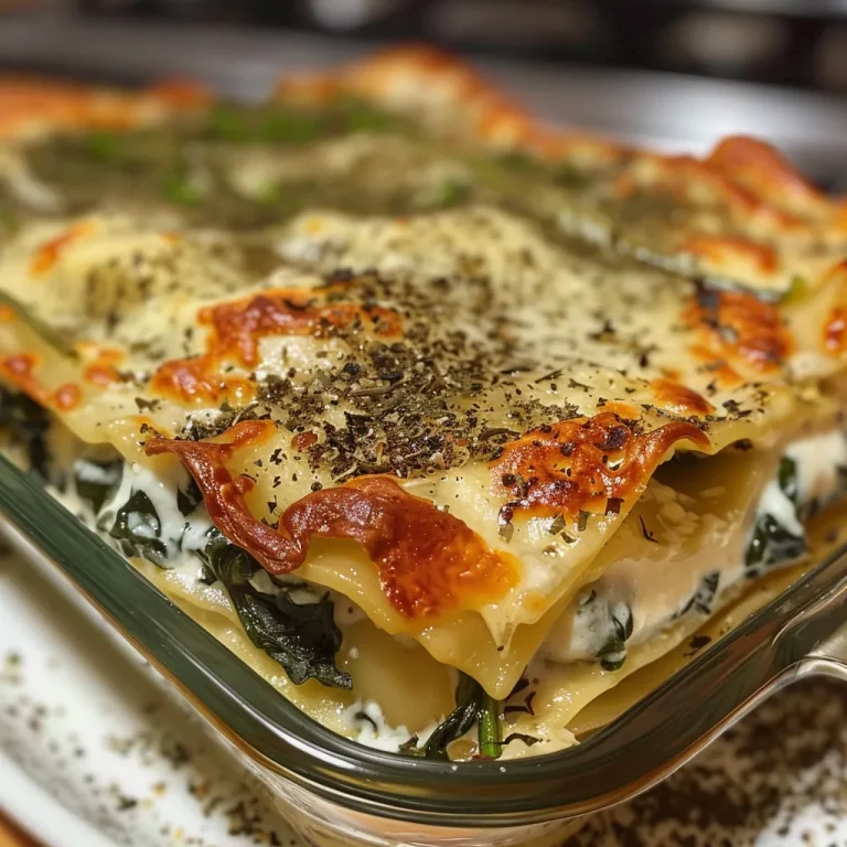 Descubra a Lasanha de Espinafre Cremosa que Vai Encantar Seu Paladar! Close-up of a creamy spinach lasagna with melted cheese on top.