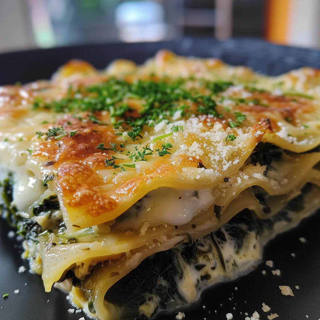 Side view of a delicious spinach lasagna layered with cheese and spinach.