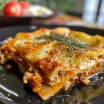 Close-up lateral de uma lasanha de presunto e queijo com camadas visíveis.