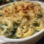 Close-up of creamy pasta with spinach sauce and herbs.