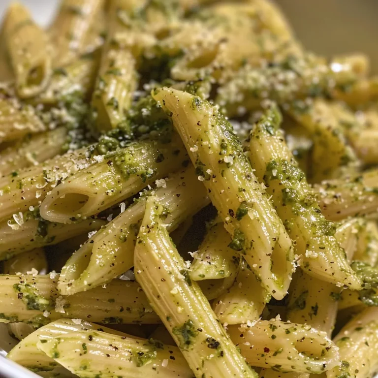 Close-up view of a bowl of penne pasta with spicy pesto sauce.