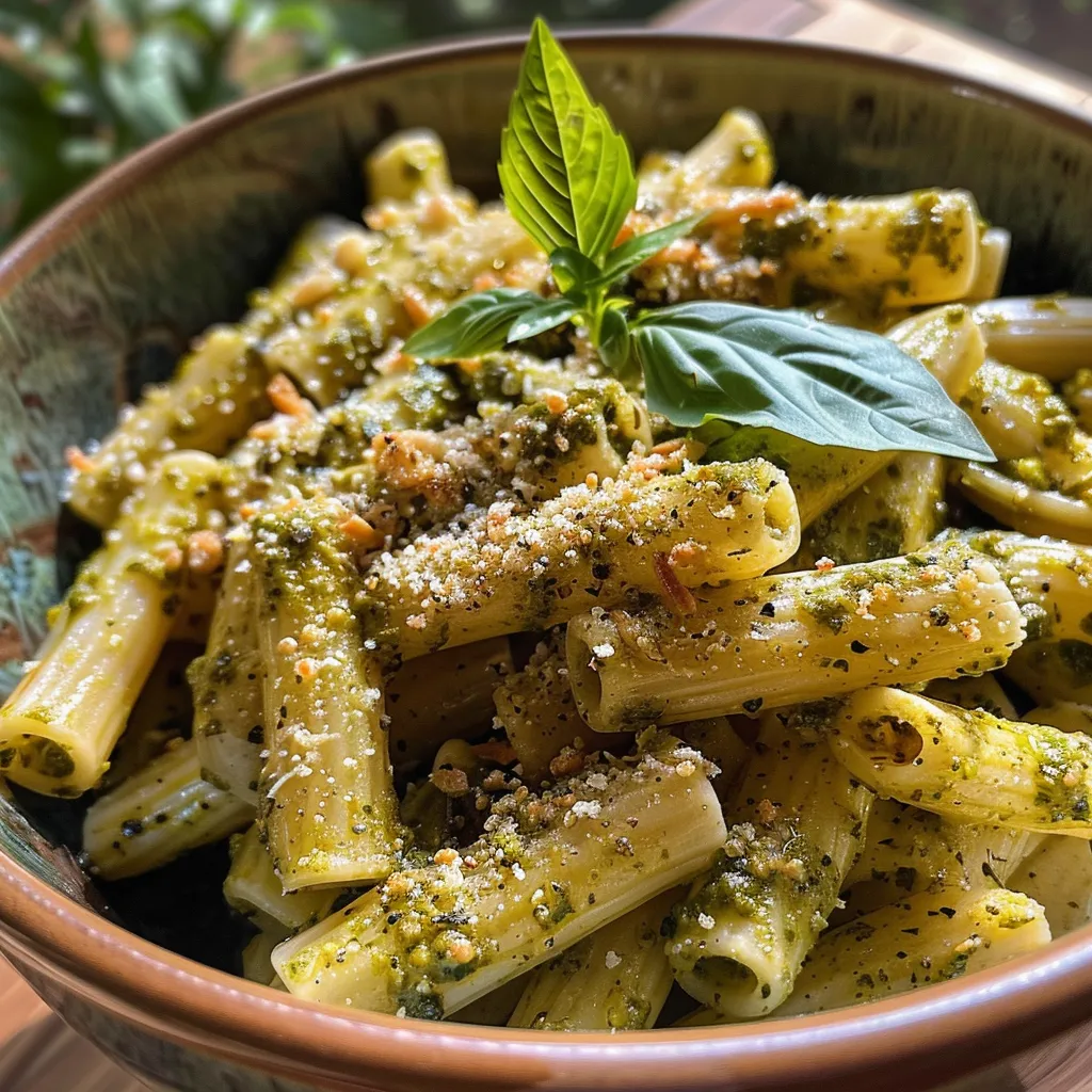 Side view of a delicious serving of macarrão with vibrant green pesto.