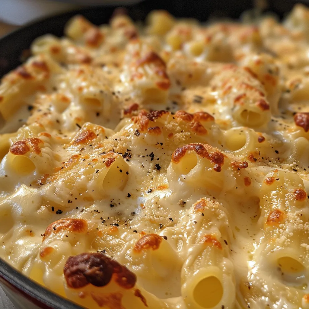 Close up de macarrão ao molho de quatro queijos com texturas ricas e cremosas.