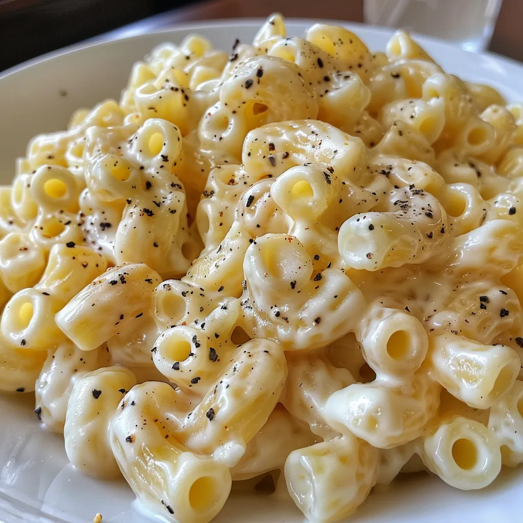 Side view of spaghetti coated in a luscious white sauce.
