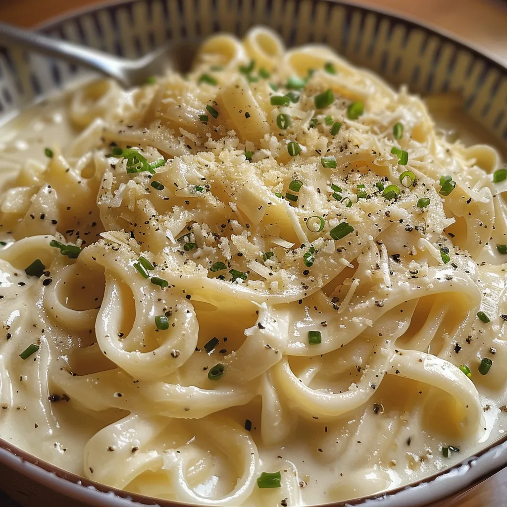 Vista lateral de um molho Alfredo, com queijo parmesão ralado apresentado em uma tigela.