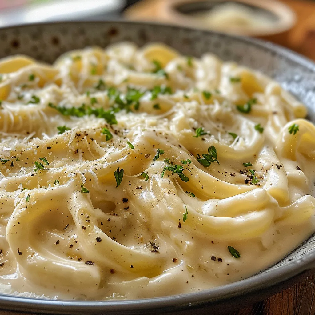 Side view of delicious homemade Molho Alfredo with pasta.