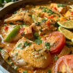 Close-up of a delicious moqueca de peixe with vibrant colors and fresh ingredients.