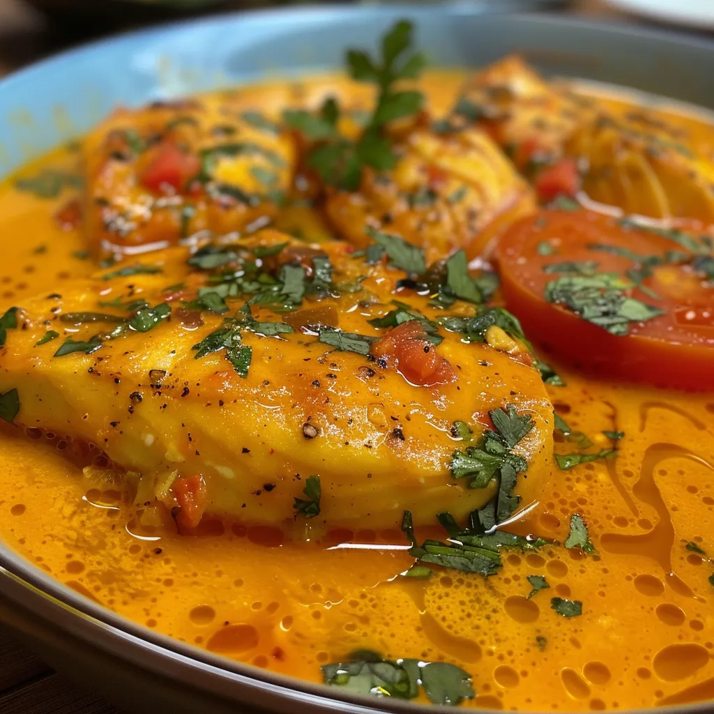 Side view of moqueca de peixe, showcasing juicy fish and colorful vegetables in a bowl.