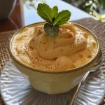 Mousse de maracujá cremoso em um prato branco, decorado com polpa de maracujá.