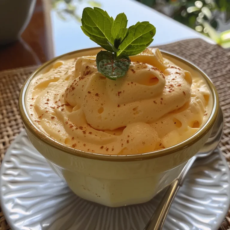 Mousse de maracujá cremoso em um prato branco, decorado com polpa de maracujá.
