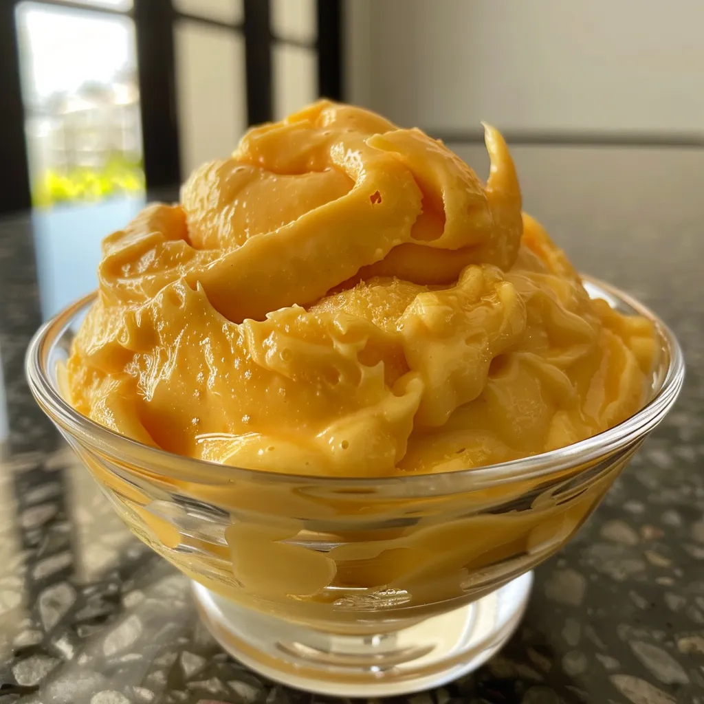 Close-up de mousse de maracujá com textura cremosa e rodelas de fruta na superfície.