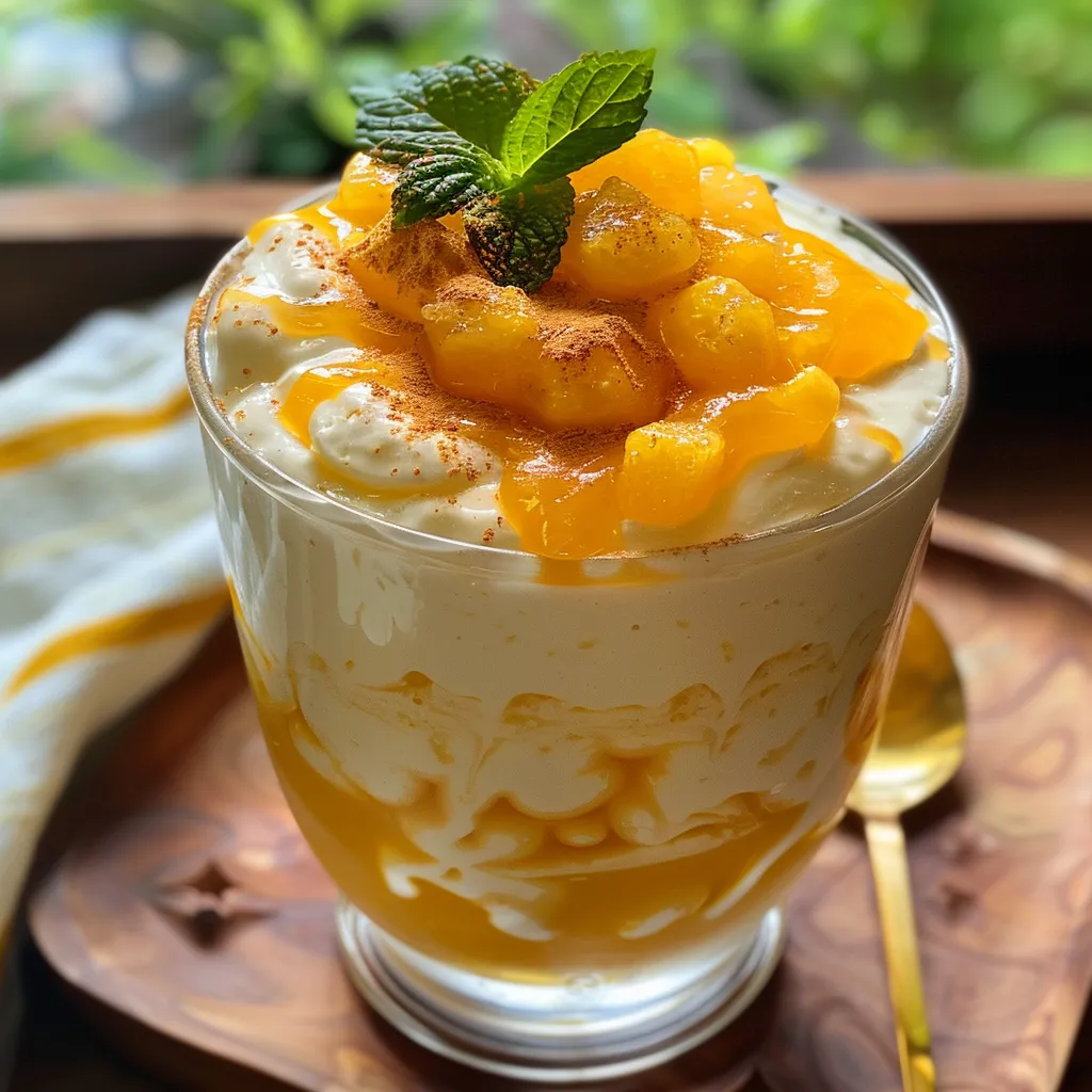 Taça de mousse de maracujá, decorada com folhas de hortelã frescas.