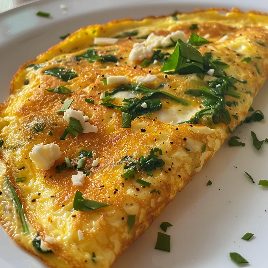 Close-up de uma omelete de espinafre com queijo, com cores vibrantes e ingredientes visíveis.